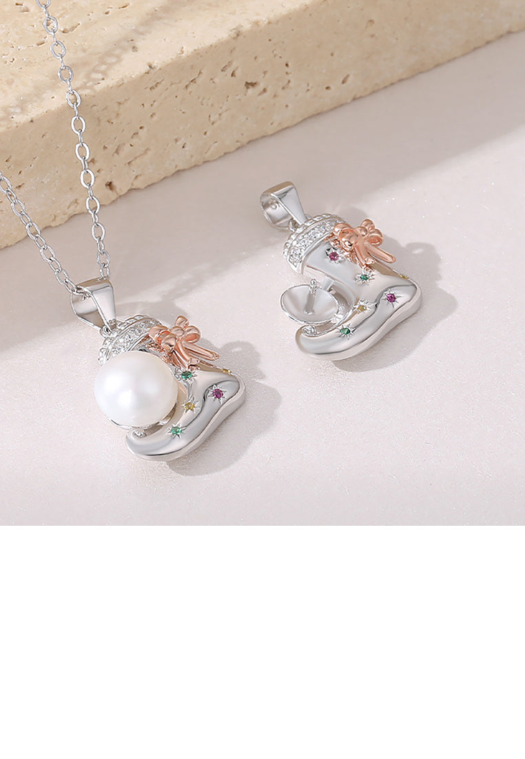 925 Sterling Silver Fashion Temperament Christmas Ribbon Socks Freshwater Pearl Pendant with Cubic Zirconia and Necklace - Luxurious Look