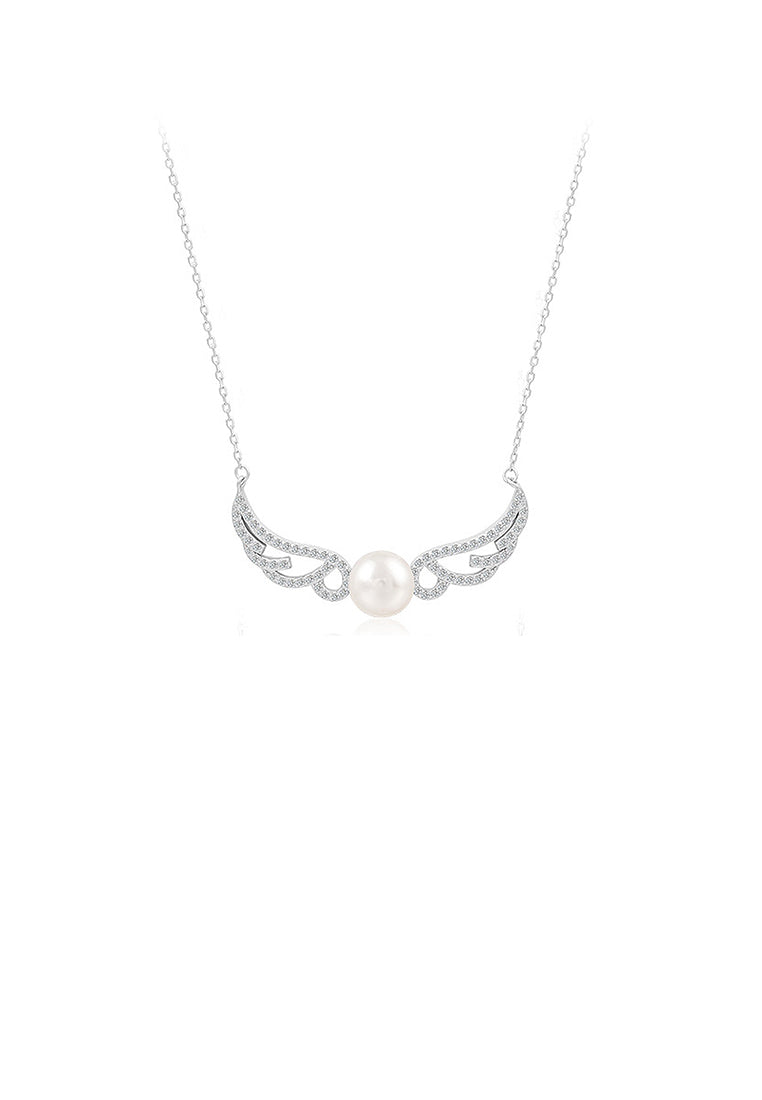925 Sterling Silver Fashion Simple Angel Wing Freshwater Pearl Pendant with Cubic Zirconia and Necklace - Luxurious Look