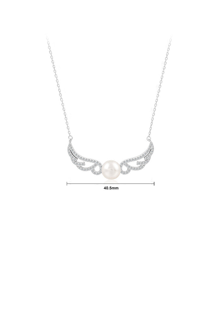 925 Sterling Silver Fashion Simple Angel Wing Freshwater Pearl Pendant with Cubic Zirconia and Necklace - Luxurious Look