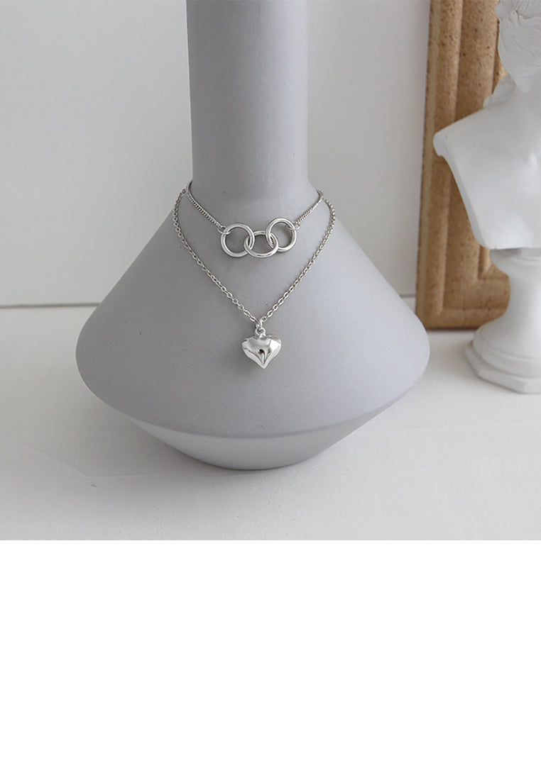 925 Sterling Silver Fashion Simple Heart Pendant with Double Circle Necklace
