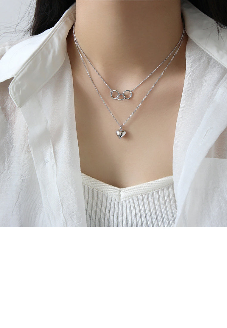 925 Sterling Silver Fashion Simple Heart Pendant with Double Circle Necklace