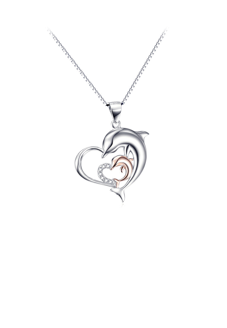 925 Sterling Silver Fashion and Elegant Dolphin Mother and Child Heart Pendant with Cubic Zirconia and Necklace - Luxurious Look