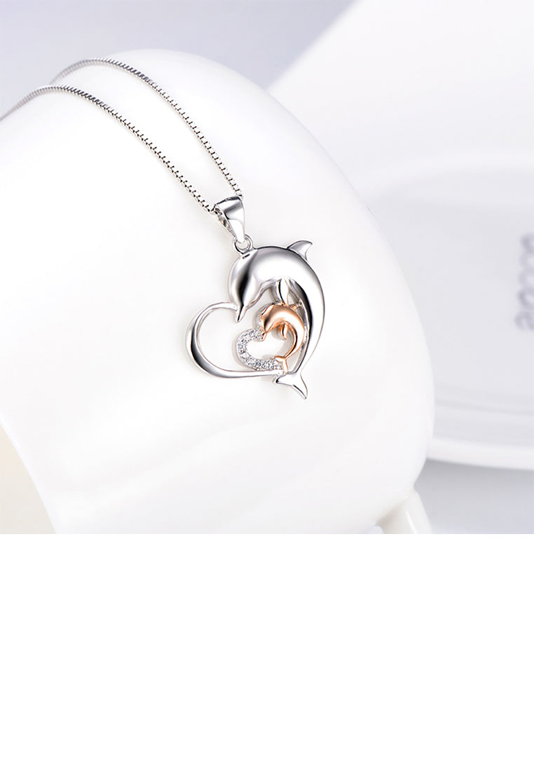 925 Sterling Silver Fashion and Elegant Dolphin Mother and Child Heart Pendant with Cubic Zirconia and Necklace - Luxurious Look
