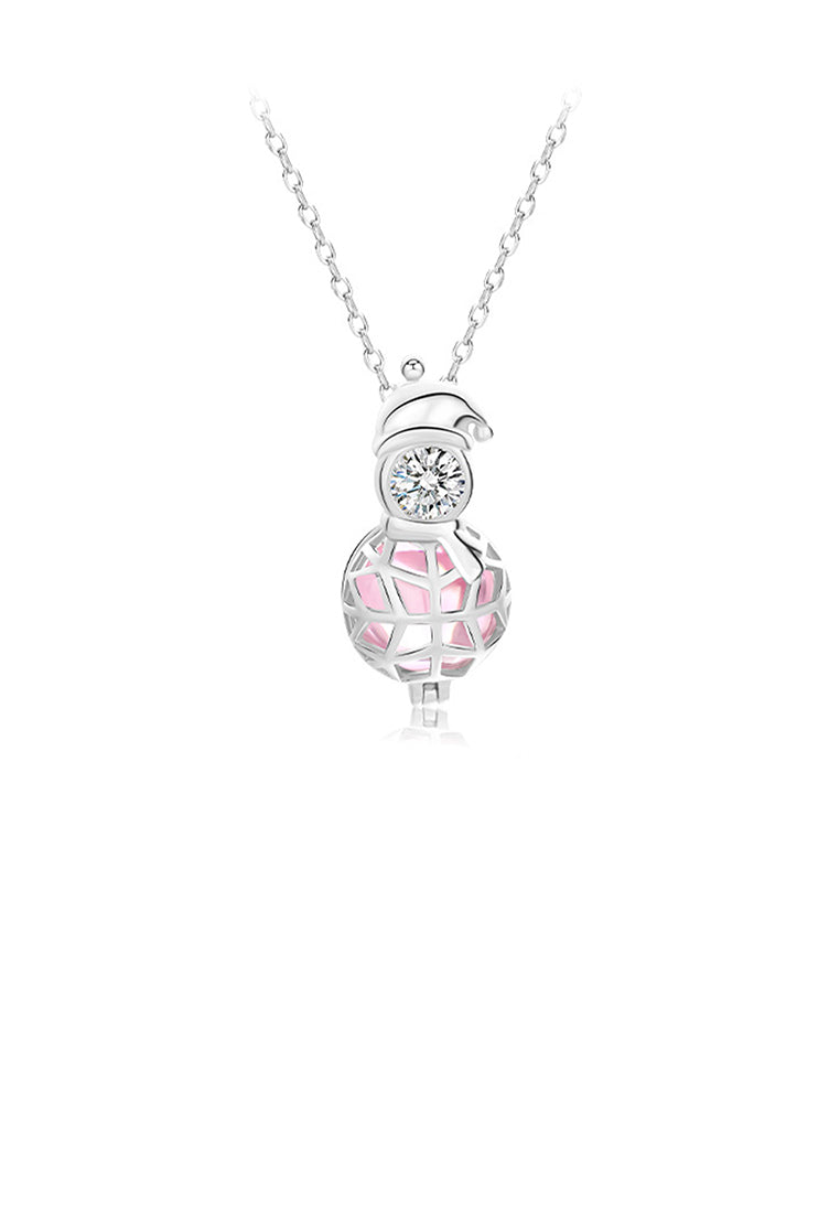 925 Sterling Silver Simple Temperament Christmas Snowman Pink Imitation Pearl Pendant with Cubic Zirconia and Necklace - Luxurious Look - Vibrant Color