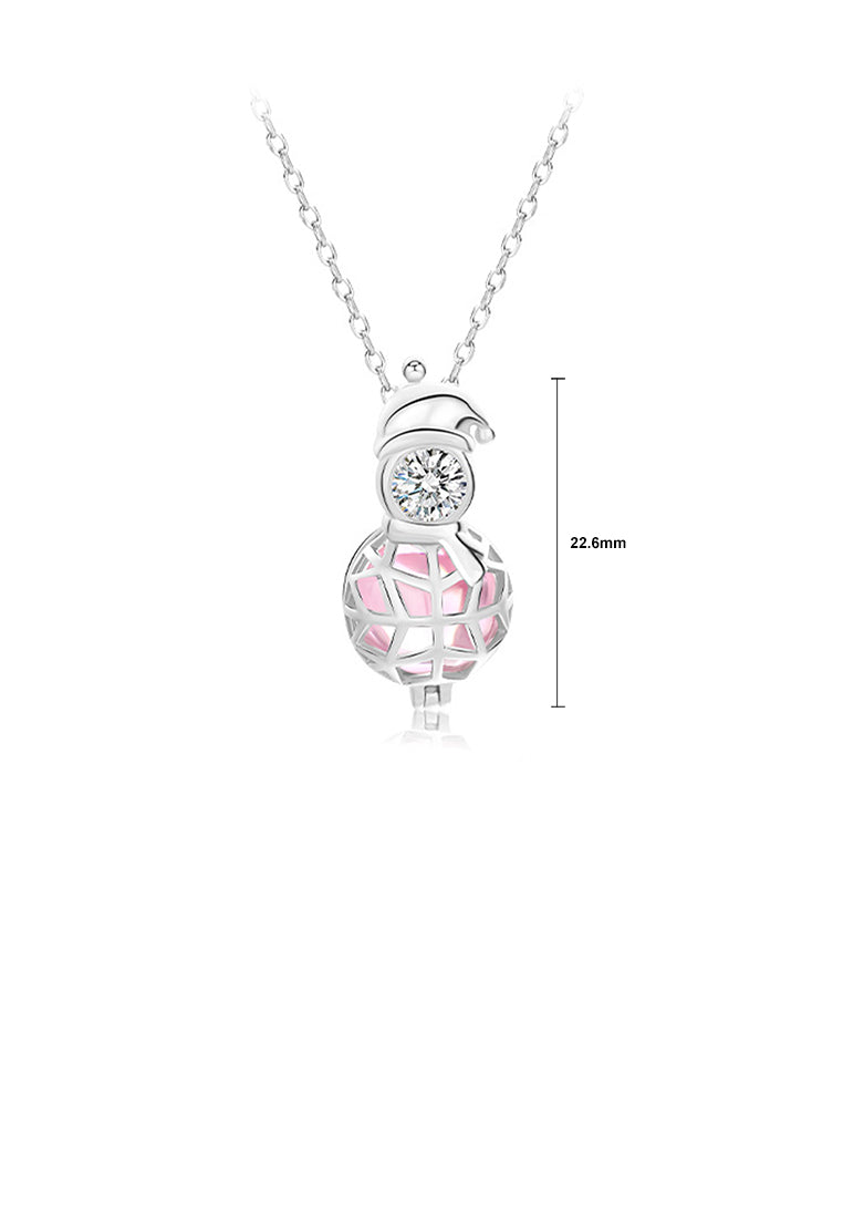925 Sterling Silver Simple Temperament Christmas Snowman Pink Imitation Pearl Pendant with Cubic Zirconia and Necklace - Luxurious Look - Vibrant Color