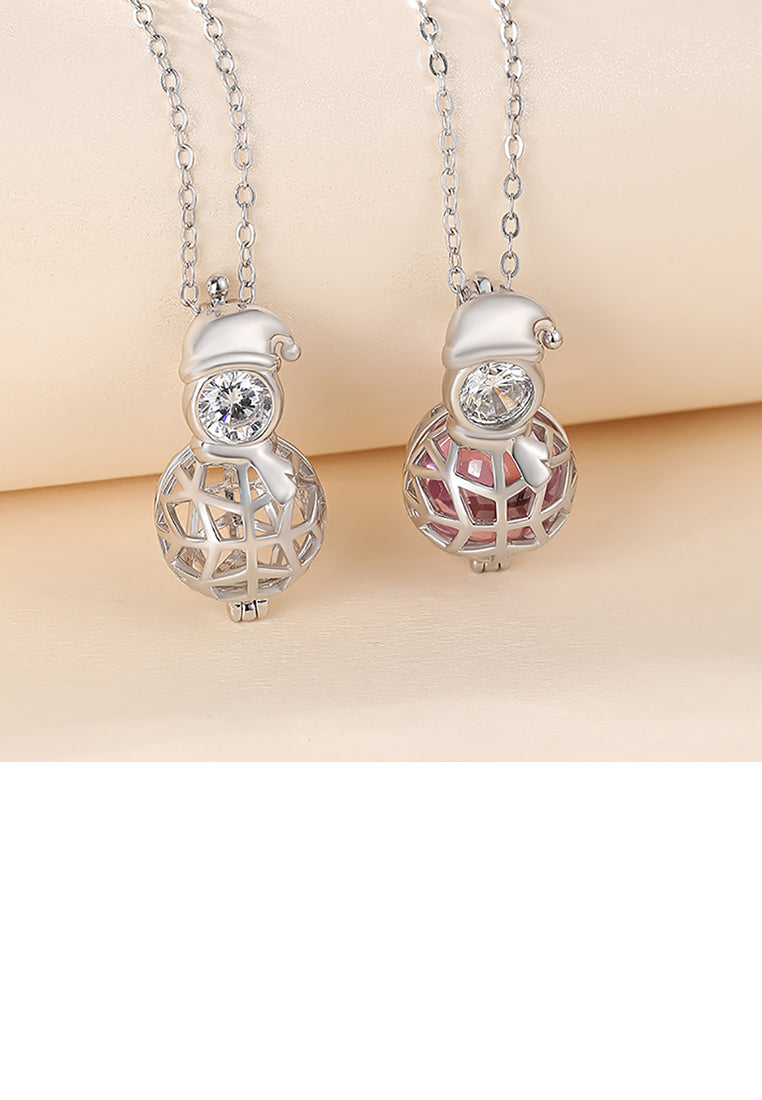 925 Sterling Silver Simple Temperament Christmas Snowman Pink Imitation Pearl Pendant with Cubic Zirconia and Necklace - Luxurious Look - Vibrant Color