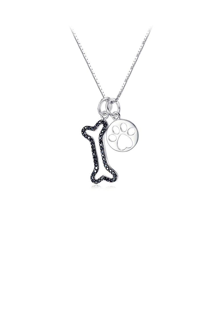 925 Sterling Silver Simple Cute Dog Paw Print Bone Pendant with Cubic Zirconia and Necklace - Luxurious Look