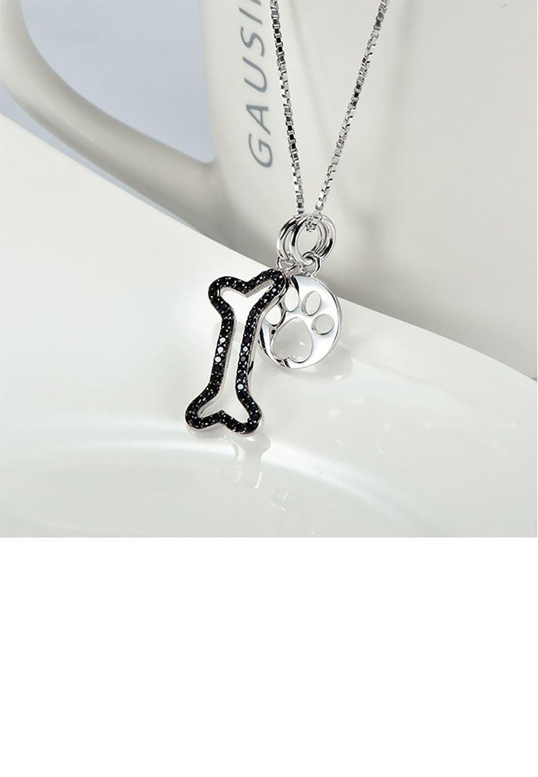 925 Sterling Silver Simple Cute Dog Paw Print Bone Pendant with Cubic Zirconia and Necklace - Luxurious Look