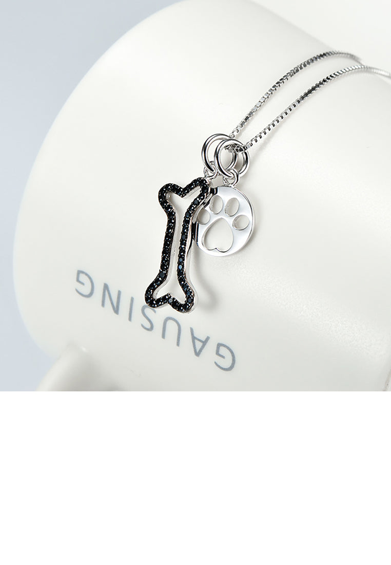 925 Sterling Silver Simple Cute Dog Paw Print Bone Pendant with Cubic Zirconia and Necklace - Luxurious Look