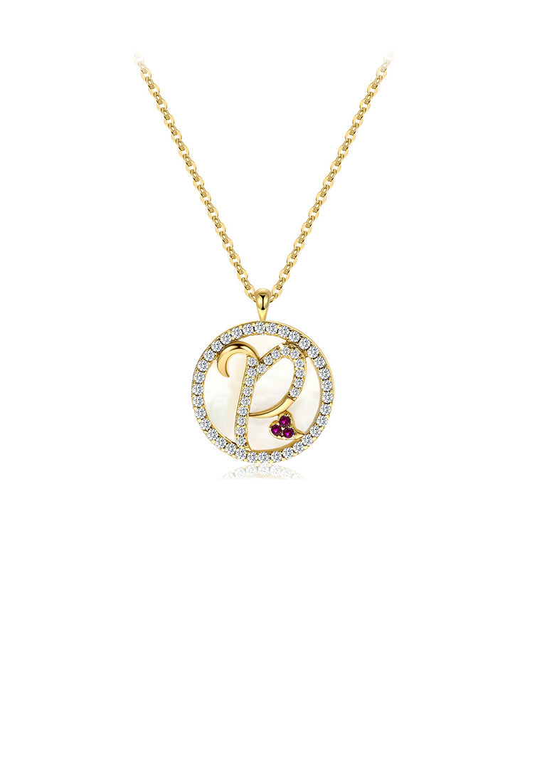 925 Sterling Silver Plated Gold Fashion Alphabet P Geometric Round Mother-of-pearl Pendant with Cubic Zirconia and Necklace - Luxurious Look