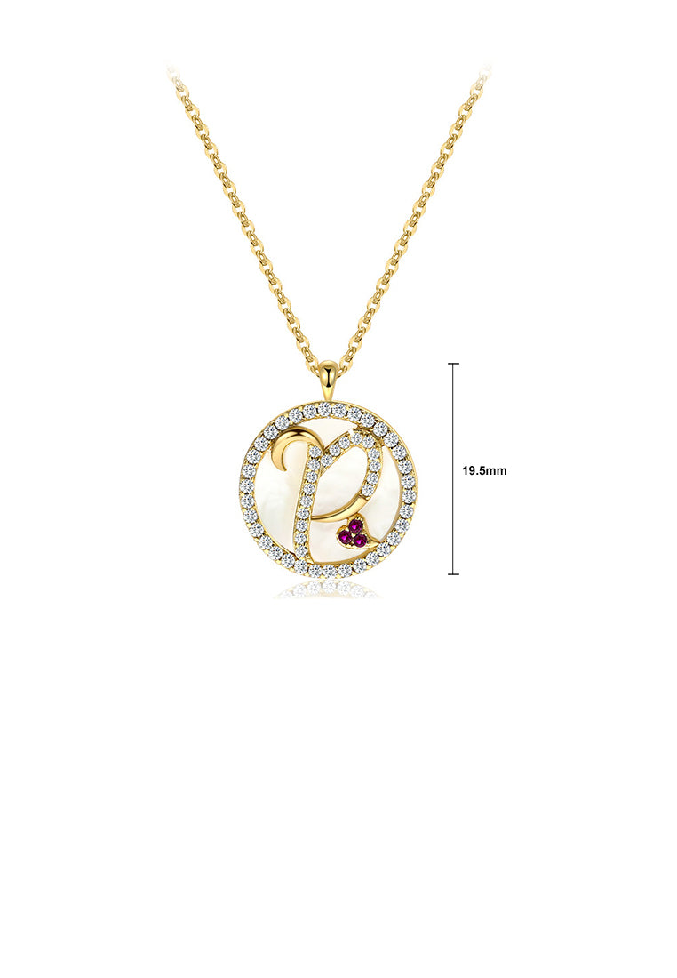 925 Sterling Silver Plated Gold Fashion Alphabet P Geometric Round Mother-of-pearl Pendant with Cubic Zirconia and Necklace - Luxurious Look