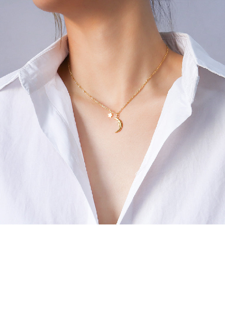 Simple Fashion Plated Gold 316L Stainless Steel Moon Star Pendant with Necklace