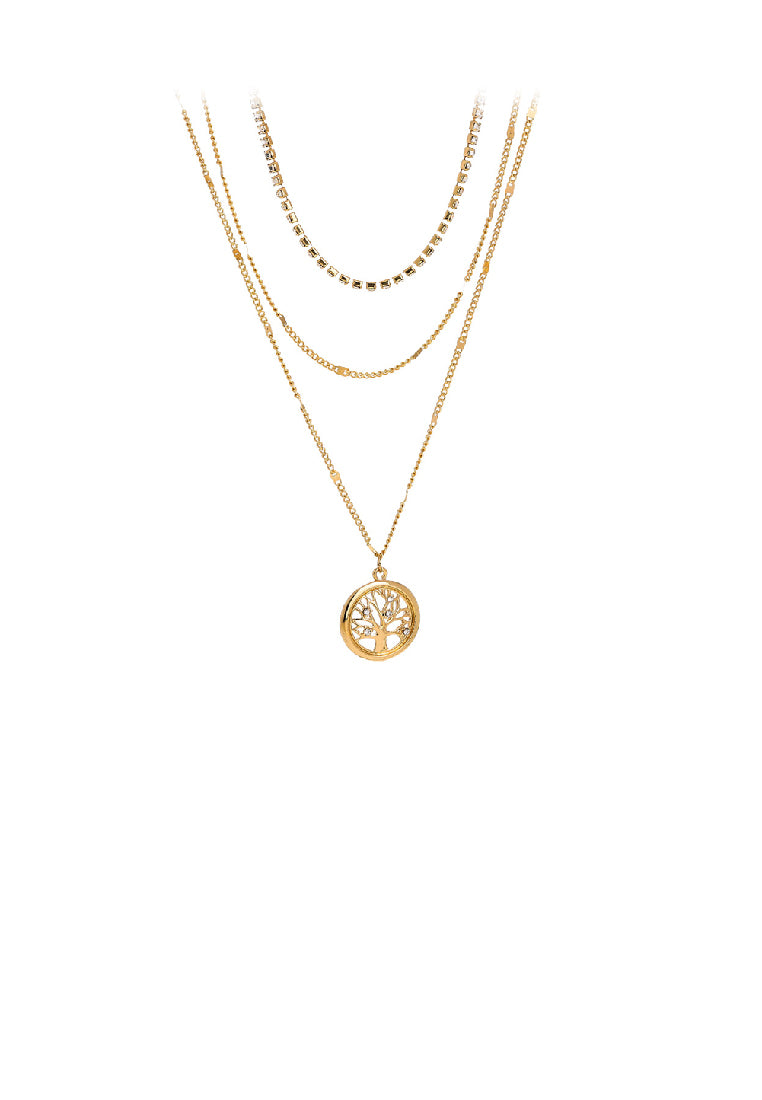 Fashion Temperament Plated Gold Tree Of Life Hollow Round Pendant with Cubic Zirconia and Multilayer Necklace - Luxurious Look