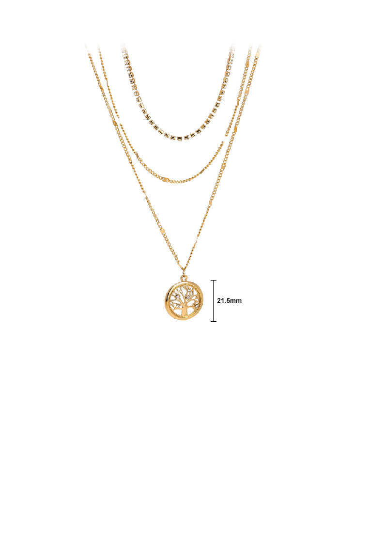 Fashion Temperament Plated Gold Tree Of Life Hollow Round Pendant with Cubic Zirconia and Multilayer Necklace - Luxurious Look