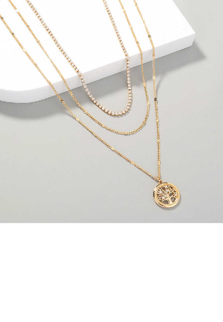 Fashion Temperament Plated Gold Tree Of Life Hollow Round Pendant with Cubic Zirconia and Multilayer Necklace - Luxurious Look