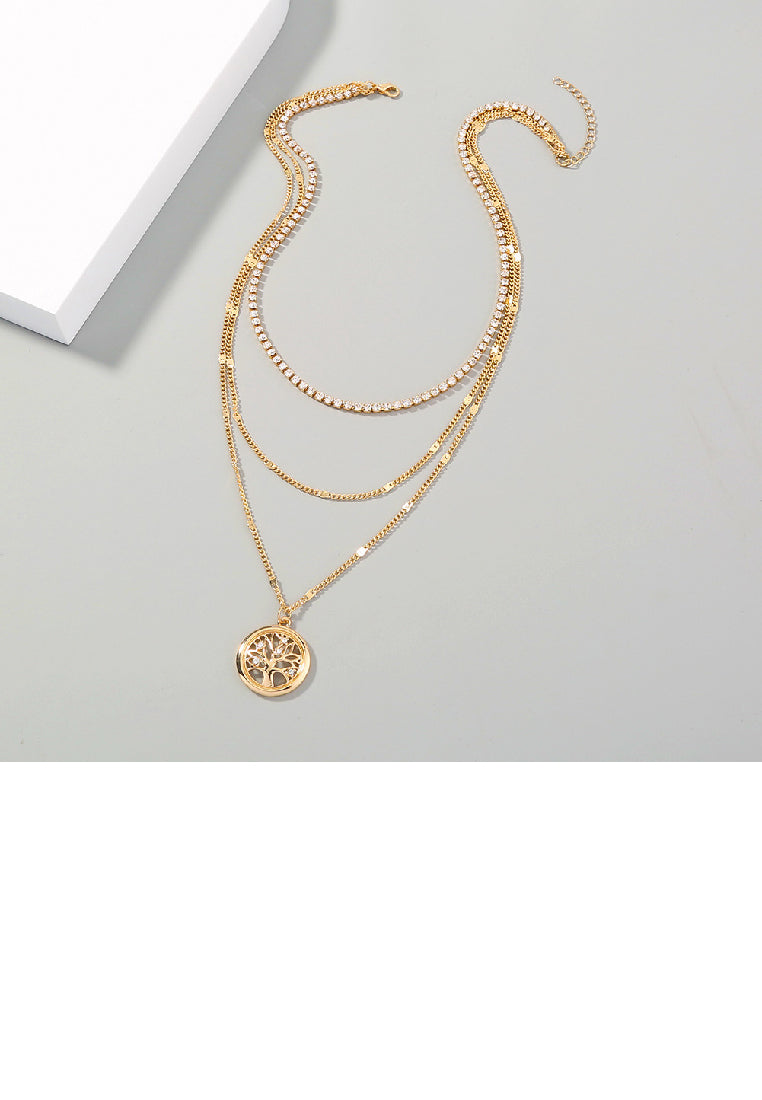 Fashion Temperament Plated Gold Tree Of Life Hollow Round Pendant with Cubic Zirconia and Multilayer Necklace - Luxurious Look