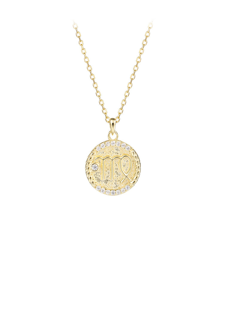 925 Sterling Silver Plated Gold Fashion Simple Twelve Constellation Virgo Geometric Round Pendant with Cubic Zirconia and Necklace - Luxurious Look