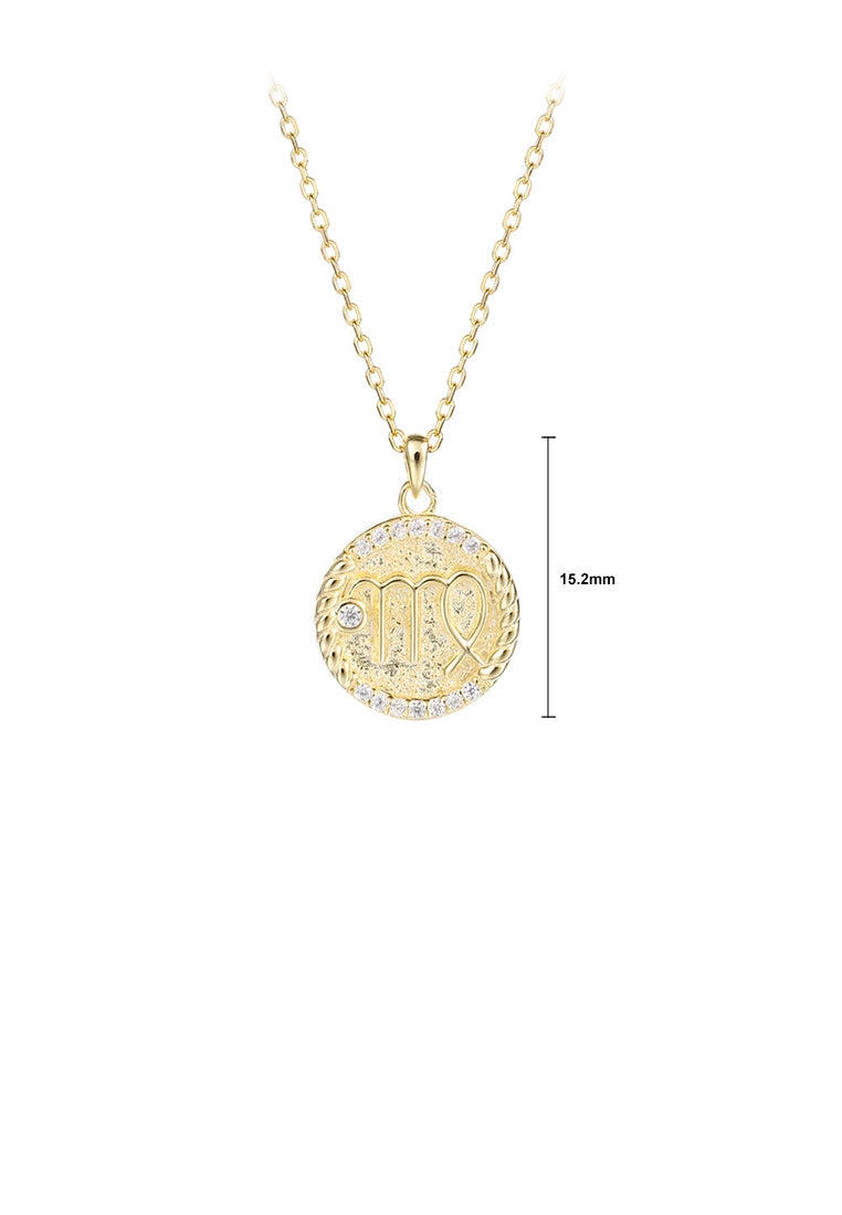 925 Sterling Silver Plated Gold Fashion Simple Twelve Constellation Virgo Geometric Round Pendant with Cubic Zirconia and Necklace - Luxurious Look