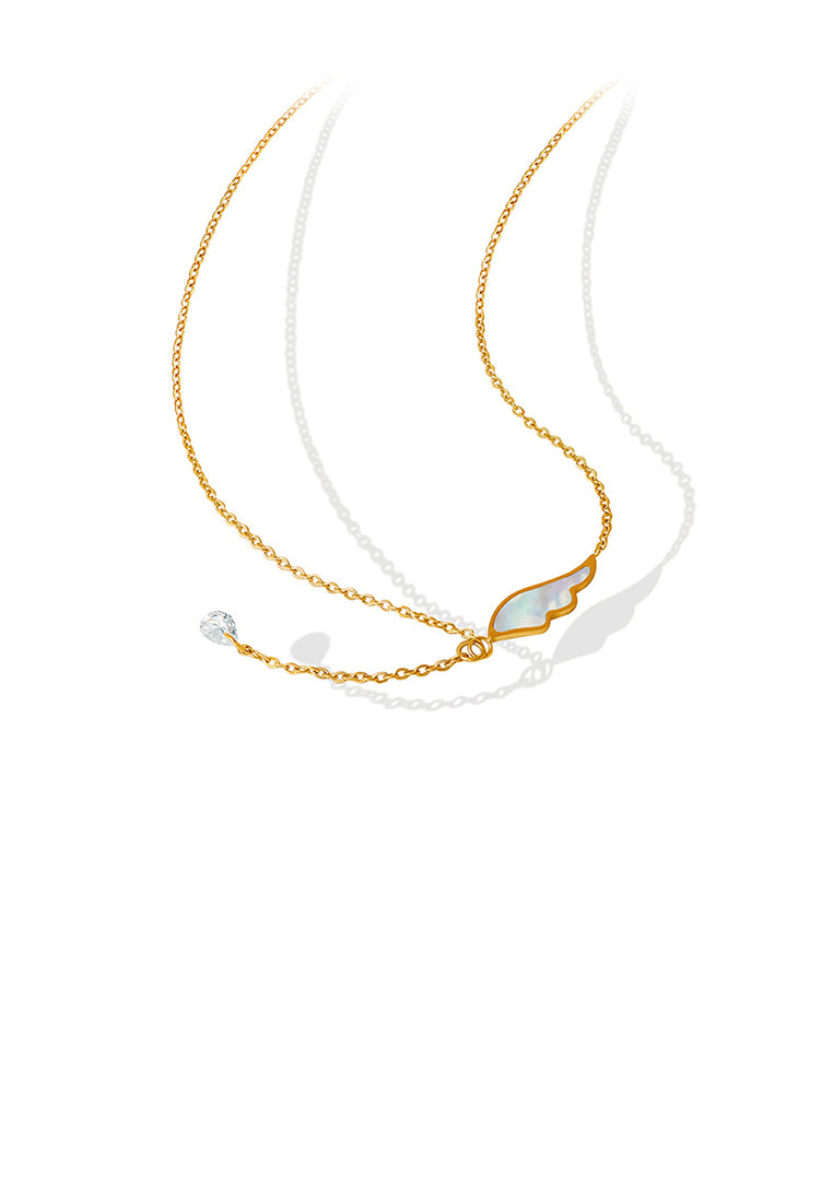 Fashion Simple Plated Gold 316L Stainless Steel Wing Tassel Pendant with Cubic Zirconia and Necklace - Luxurious Look