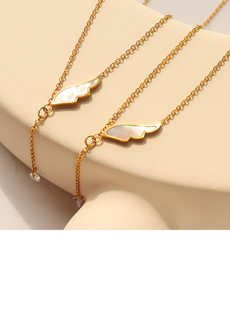 Fashion Simple Plated Gold 316L Stainless Steel Wing Tassel Pendant with Cubic Zirconia and Necklace - Luxurious Look