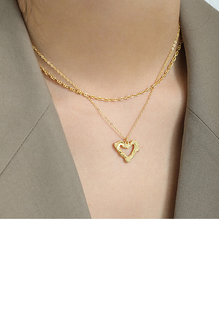 925 Sterling Silver Plated Gold Simple and Fashion Hollow Pattern Heart Pendant with Necklace