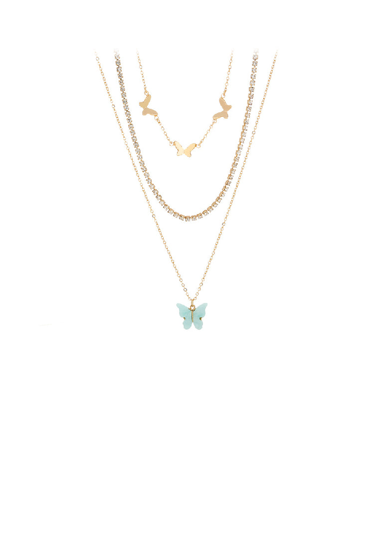 Fashion Elegant Plated Gold Butterfly Pendant with Cubic Zirconia and Layered Necklace - Luxurious Look