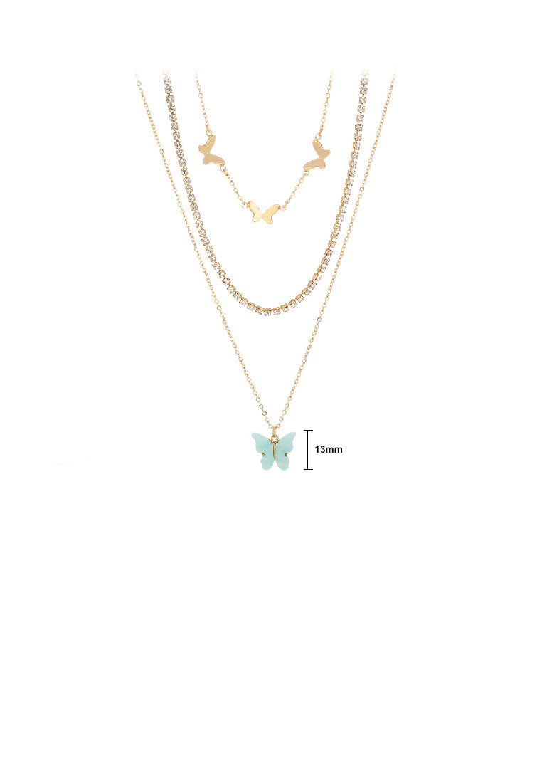 Fashion Elegant Plated Gold Butterfly Pendant with Cubic Zirconia and Layered Necklace - Luxurious Look