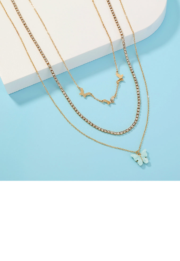 Fashion Elegant Plated Gold Butterfly Pendant with Cubic Zirconia and Layered Necklace - Luxurious Look