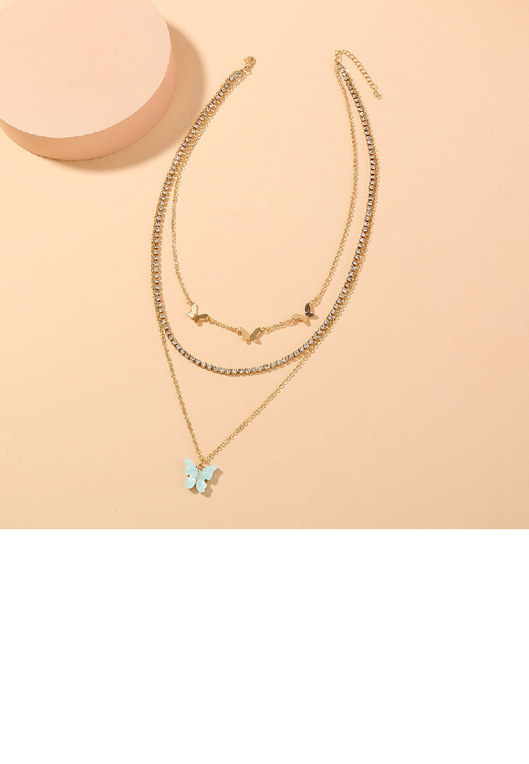 Fashion Elegant Plated Gold Butterfly Pendant with Cubic Zirconia and Layered Necklace - Luxurious Look