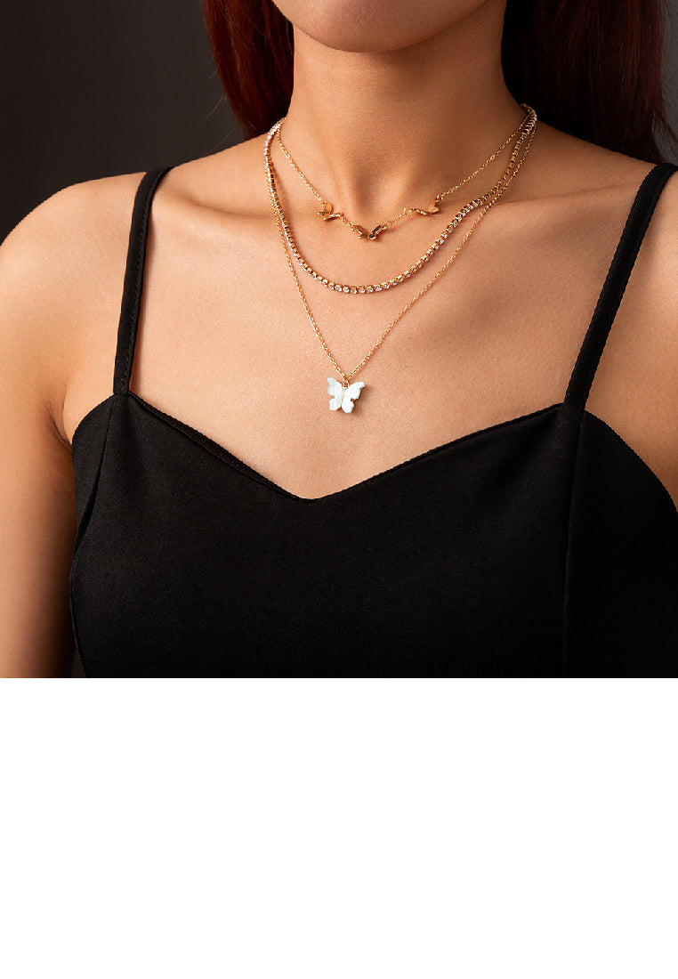 Fashion Elegant Plated Gold Butterfly Pendant with Cubic Zirconia and Layered Necklace - Luxurious Look