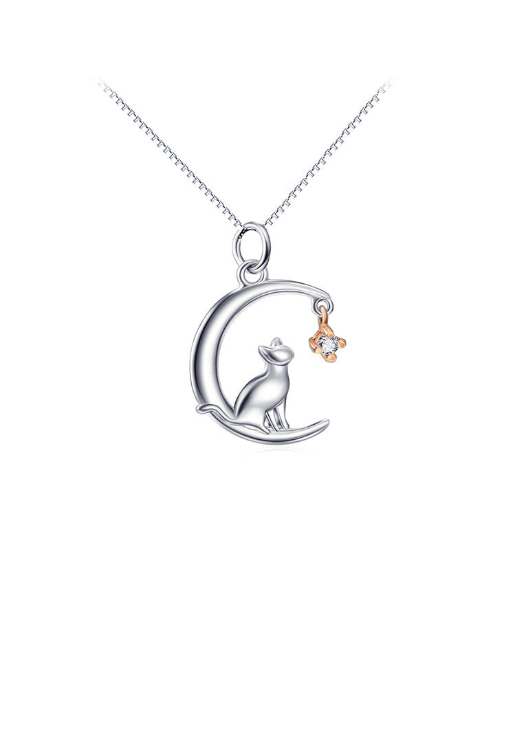 925 Sterling Silver Fashion Simple Moon Cat Pendant with Cubic Zirconia and Necklace - Luxurious Look