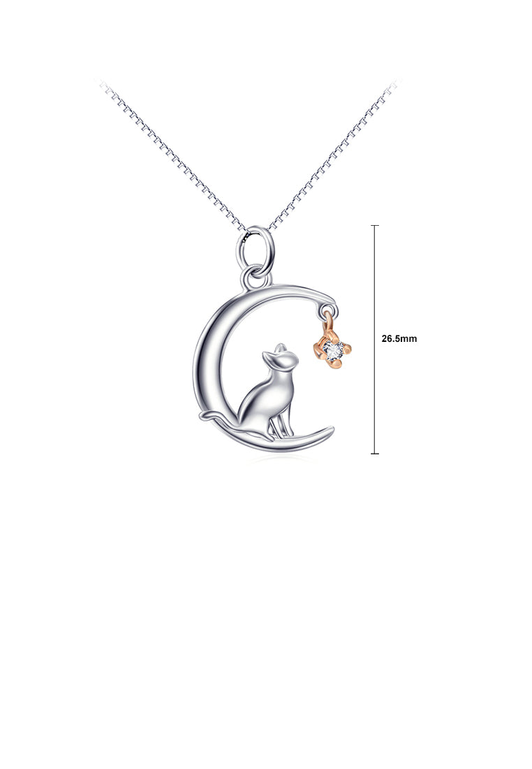 925 Sterling Silver Fashion Simple Moon Cat Pendant with Cubic Zirconia and Necklace - Luxurious Look