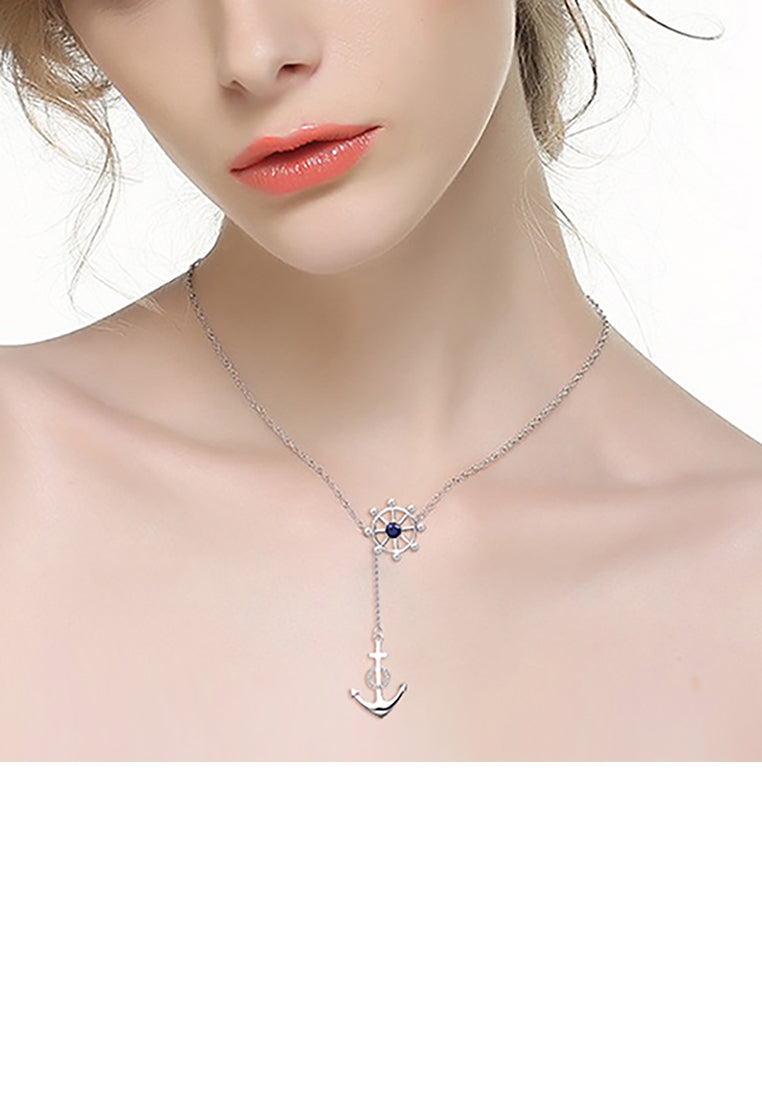925 Sterling Silver Fashion Simple Anchor Boat Tuo Tassel Pendant with Cubic Zirconia and Necklace - Luxurious Look
