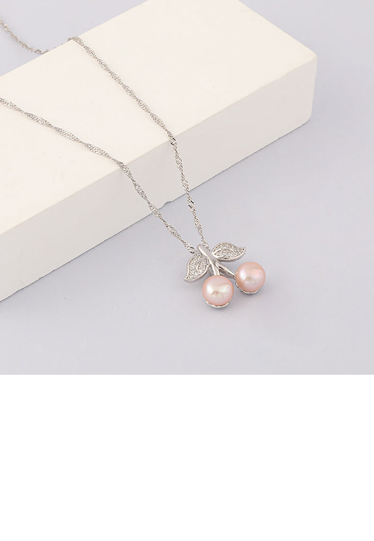 925 Sterling Silver Simple Sweet Cherry Purple Freshwater Pearl Pendant with Cubic Zirconia and Necklace - Luxurious Look