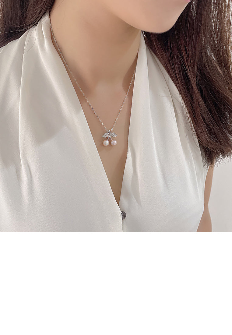 925 Sterling Silver Simple Sweet Cherry Purple Freshwater Pearl Pendant with Cubic Zirconia and Necklace - Luxurious Look