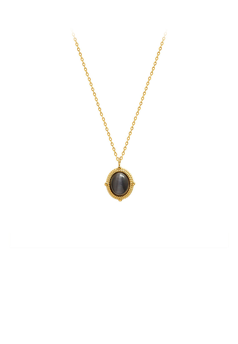 Simple and Elegant Plated Gold 316L Stainless Steel Black Imitation Opal Geometric Oval Pendant with Necklace