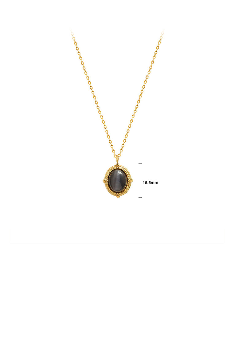 Simple and Elegant Plated Gold 316L Stainless Steel Black Imitation Opal Geometric Oval Pendant with Necklace