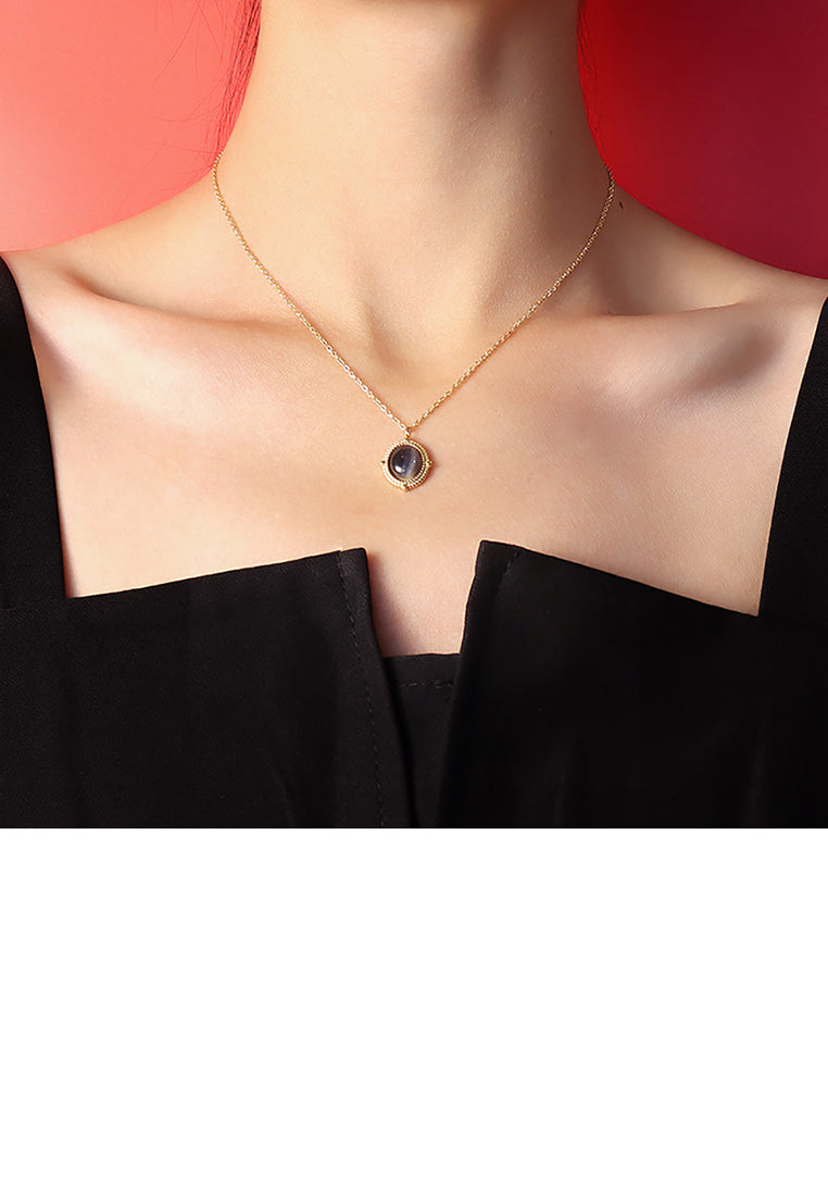Simple and Elegant Plated Gold 316L Stainless Steel Black Imitation Opal Geometric Oval Pendant with Necklace