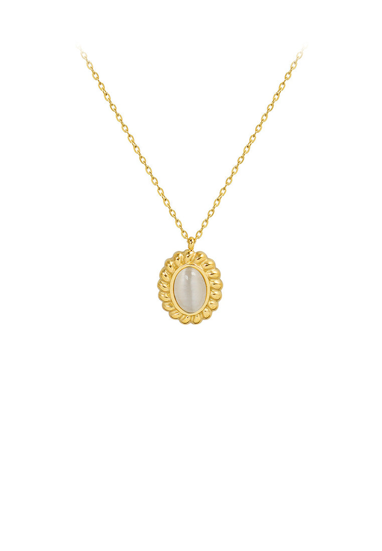 Fashion Simple Gold Plated 316L Stainless Steel Lace Geometric Oval Pendant with Imitation Opal and Necklace