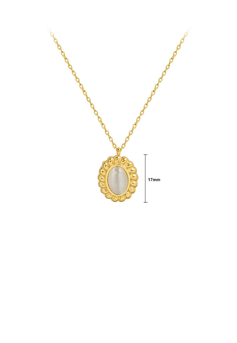 Fashion Simple Gold Plated 316L Stainless Steel Lace Geometric Oval Pendant with Imitation Opal and Necklace