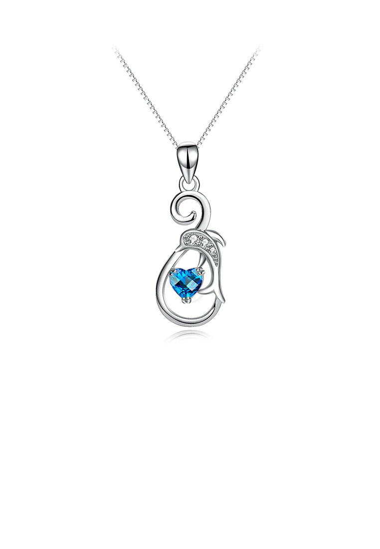 925 Sterling Silver Fashion and Elegant Dolphin Pendant with Blue Cubic Zirconia and Necklace - Luxurious Look