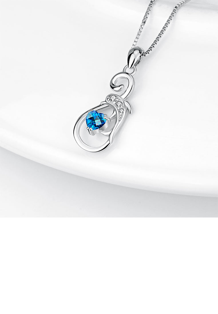 925 Sterling Silver Fashion and Elegant Dolphin Pendant with Blue Cubic Zirconia and Necklace - Luxurious Look