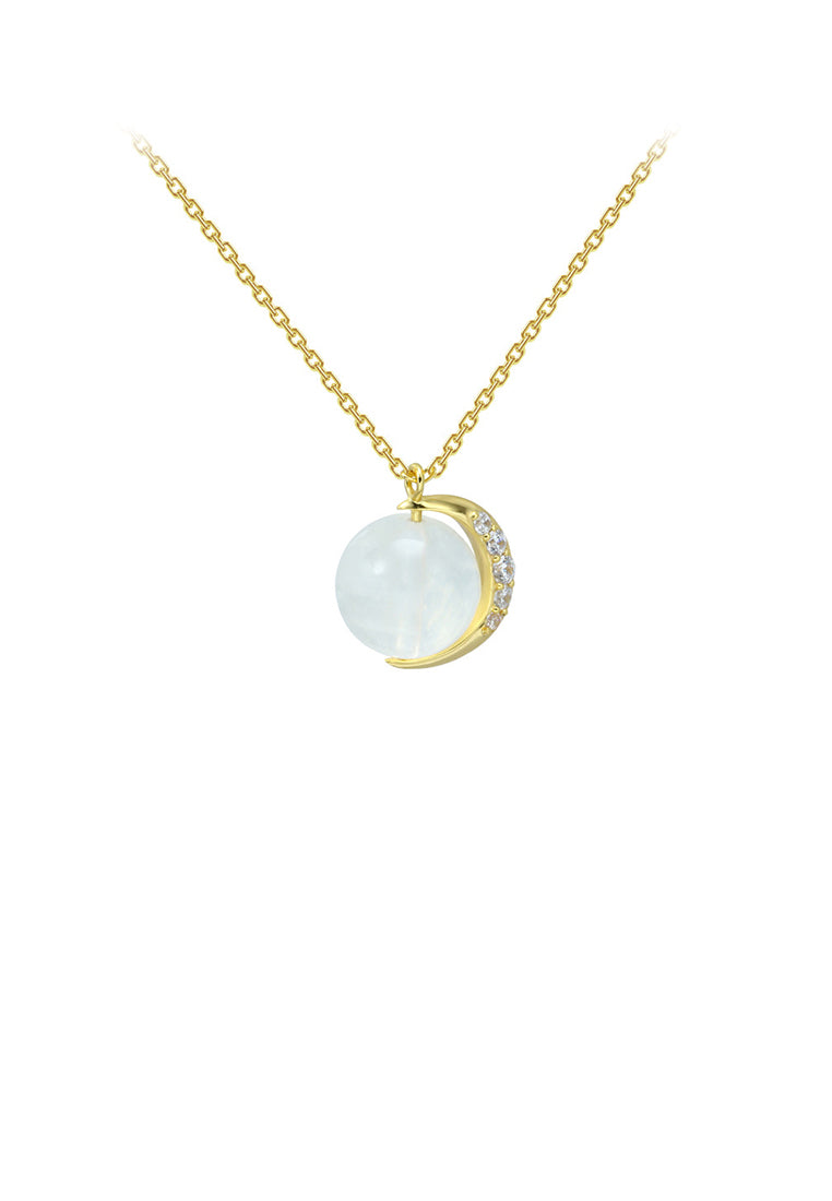925 Sterling Silver Plated Gold Fashion Simple Moon Moonstone Pendant with Cubic Zirconia and Necklace - Luxurious Look