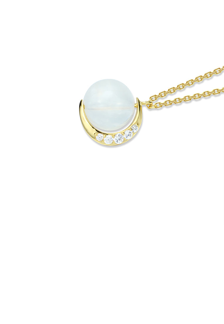 925 Sterling Silver Plated Gold Fashion Simple Moon Moonstone Pendant with Cubic Zirconia and Necklace - Luxurious Look
