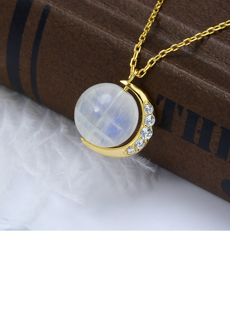 925 Sterling Silver Plated Gold Fashion Simple Moon Moonstone Pendant with Cubic Zirconia and Necklace - Luxurious Look
