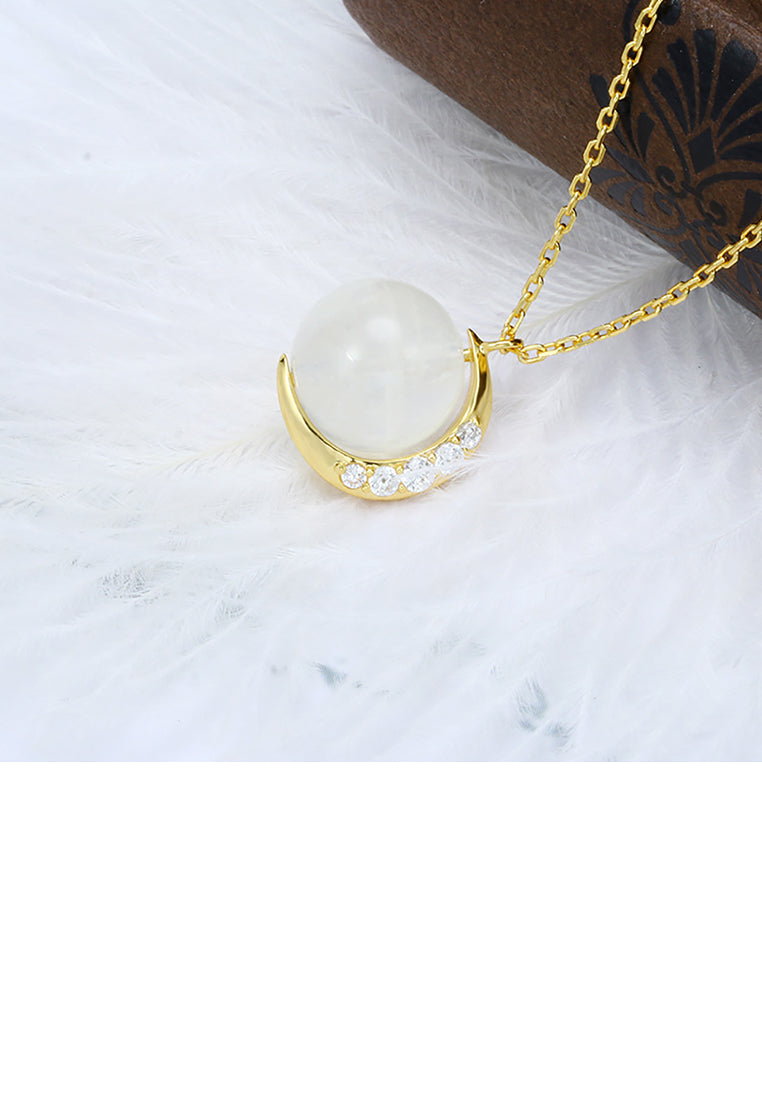 925 Sterling Silver Plated Gold Fashion Simple Moon Moonstone Pendant with Cubic Zirconia and Necklace - Luxurious Look