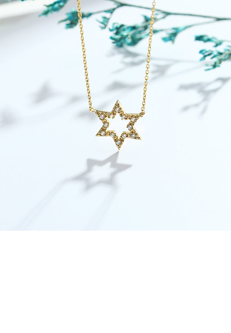 925 Sterling Silver Plated Gold Simple and Fashion Hollow Star Pendant with Cubic Zirconia and Necklace - Luxurious Look