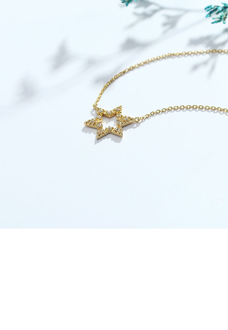 925 Sterling Silver Plated Gold Simple and Fashion Hollow Star Pendant with Cubic Zirconia and Necklace - Luxurious Look