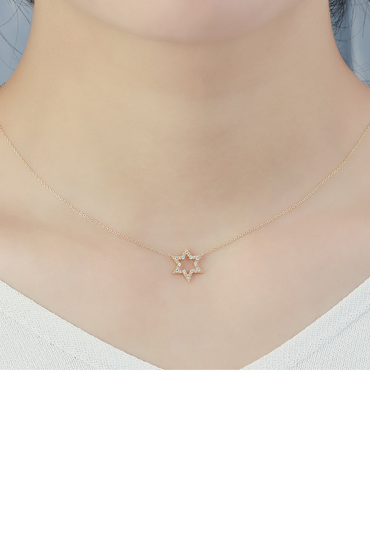 925 Sterling Silver Plated Gold Simple and Fashion Hollow Star Pendant with Cubic Zirconia and Necklace - Luxurious Look