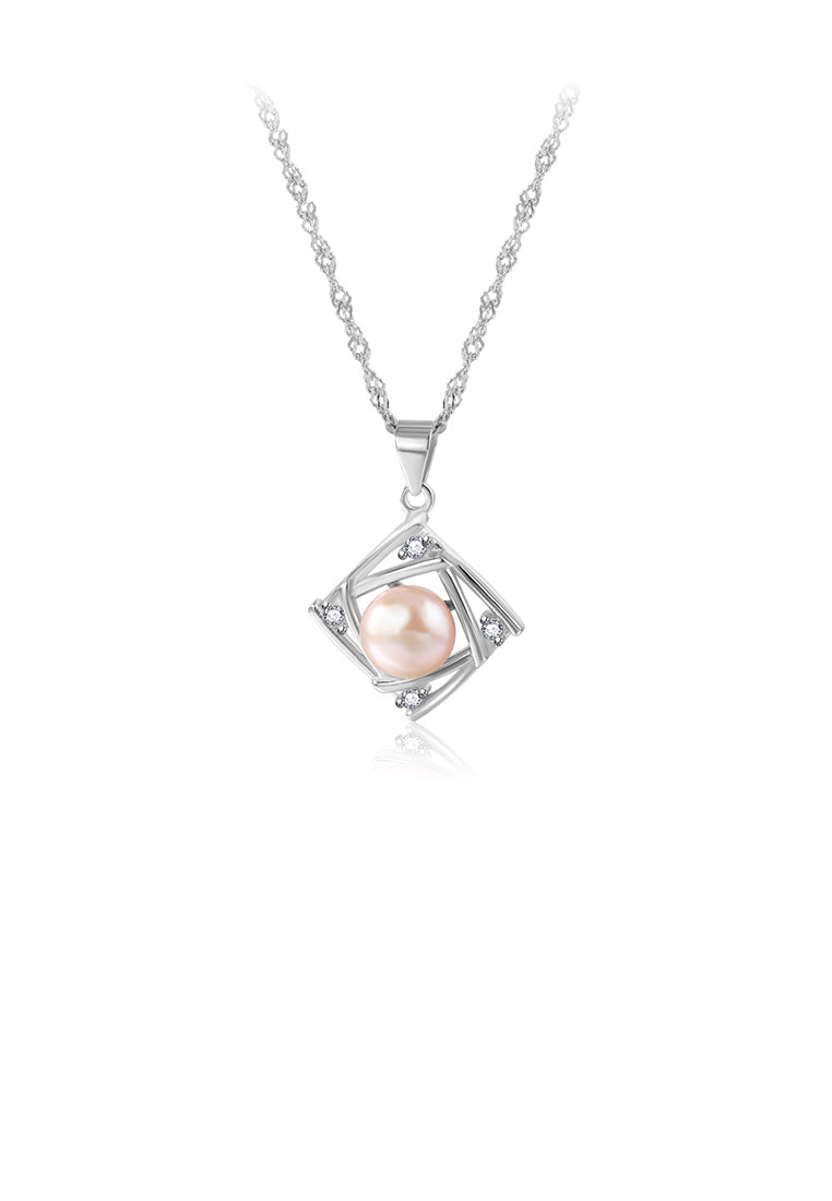 925 Sterling Silver Simple Fashion Geometric Rhombus Purple Freshwater Pearl Pendant with Cubic Zirconia and Necklace - Luxurious Look